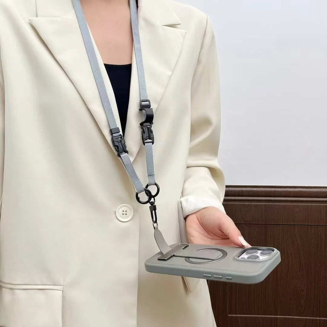 Luxury Magnetic iPhone Case — Shockproof Leather Cover with Crossbody Wrist Strap Rope Holder, Bracket Stand, Full Lens & All-Around Protection