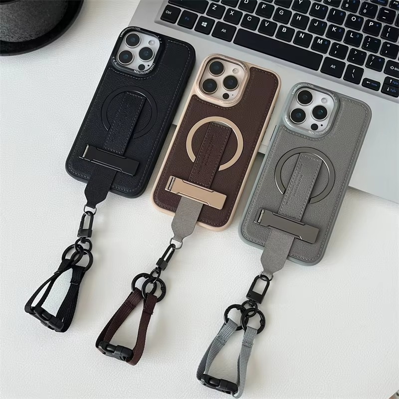 Luxury Magnetic iPhone Case — Shockproof Leather Cover with Crossbody Wrist Strap Rope Holder, Bracket Stand, Full Lens & All-Around Protection