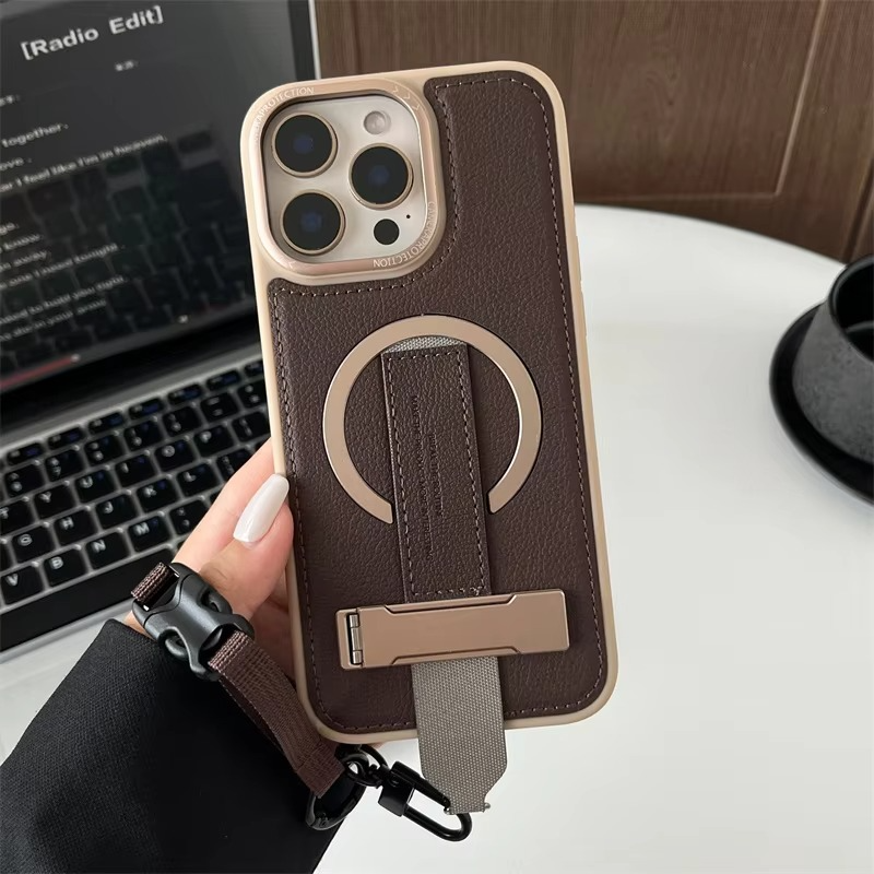 Luxury Magnetic iPhone Case — Shockproof Leather Cover with Crossbody Wrist Strap Rope Holder, Bracket Stand, Full Lens & All-Around Protection