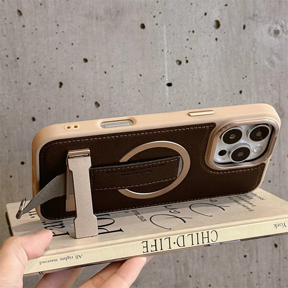 Luxury Magnetic iPhone Case — Shockproof Leather Cover with Crossbody Wrist Strap Rope Holder, Bracket Stand, Full Lens & All-Around Protection