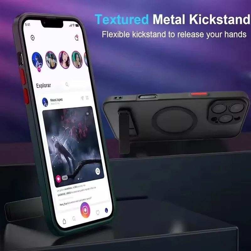 Luxury Magnetic iPhone Case with Kickstand — Translucent PC Cover, Dual Layer Protection, Anti-Fingerprint, Wireless Charging Compatible