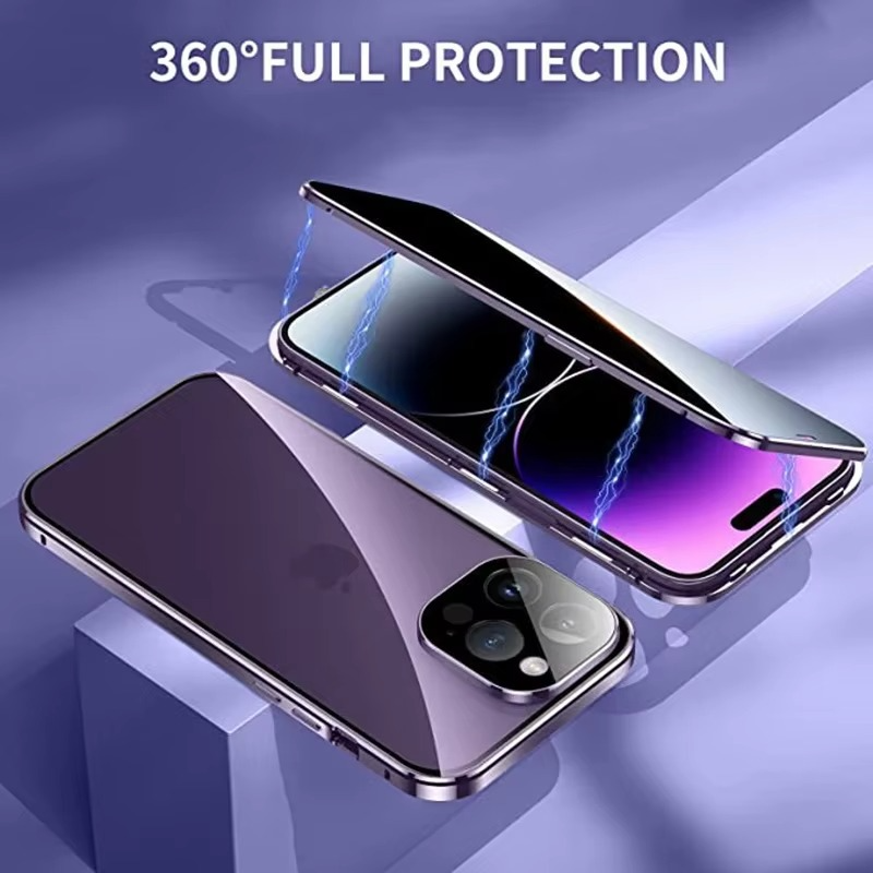 Luxury Metal Magnetic Privacy iPhone Case — 360° Shockproof Full Coverage, Anti-Scratch, Non-Slip, Lightweight Tempered Glass Cover
