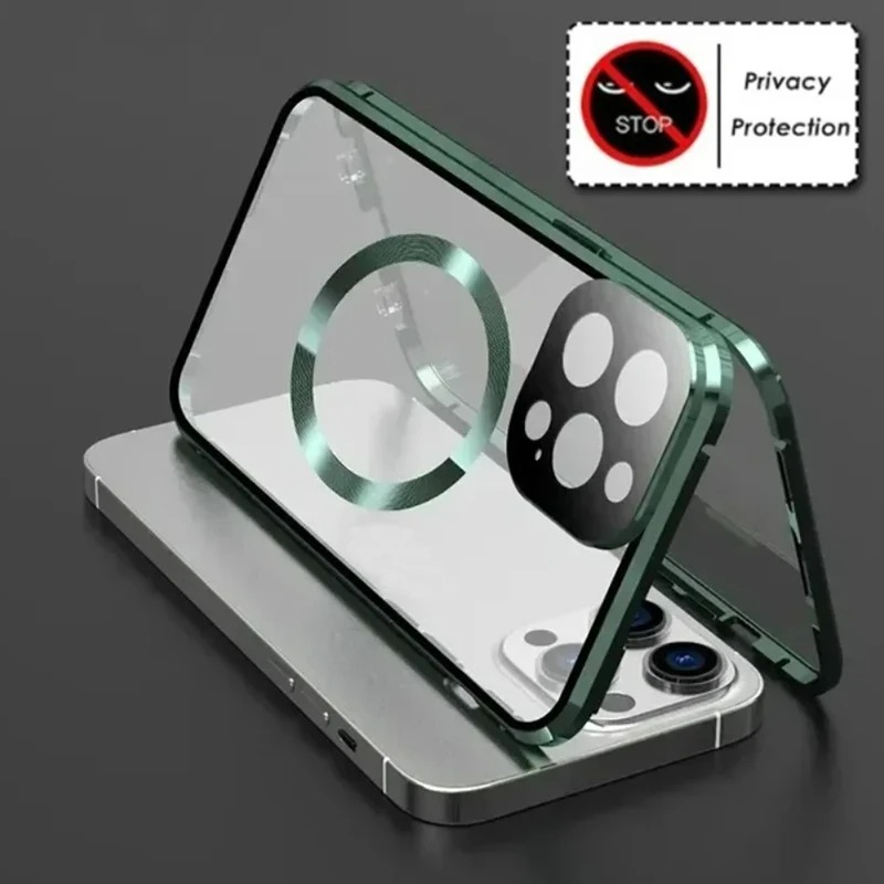 Luxury Metal Magnetic Privacy iPhone Case — 360° Shockproof Full Coverage, Anti-Scratch, Non-Slip, Lightweight Tempered Glass Cover