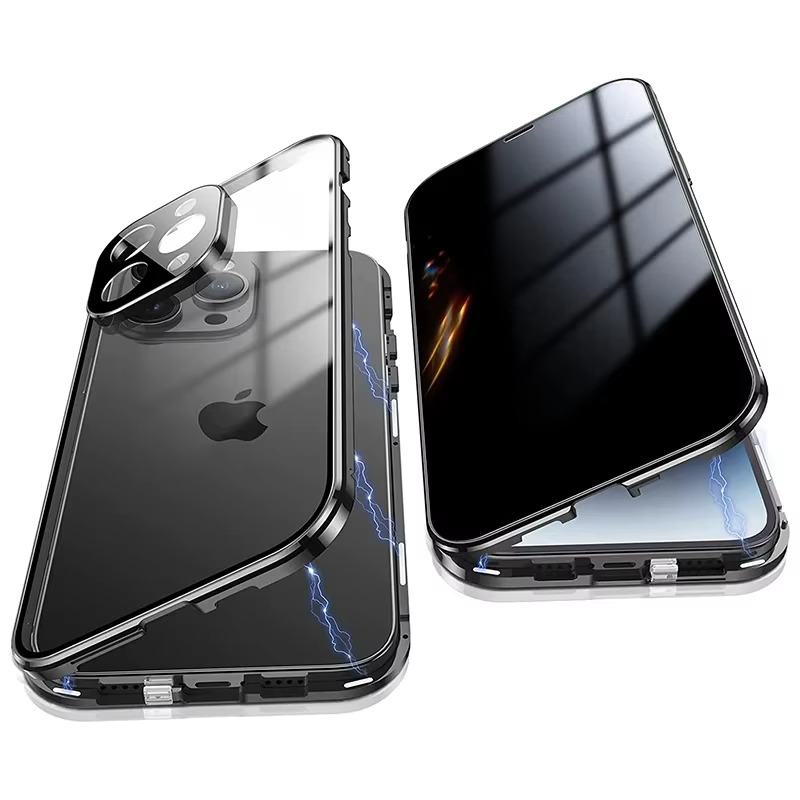 Luxury Metal Magnetic Privacy iPhone Case — 360° Shockproof Full Coverage, Anti-Scratch, Non-Slip, Lightweight Tempered Glass Cover