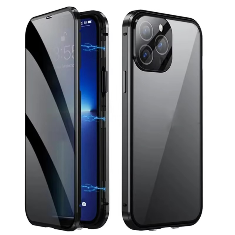 Luxury Metal Magnetic Privacy iPhone Case — 360° Shockproof Full Coverage, Anti-Scratch, Non-Slip, Lightweight Tempered Glass Cover