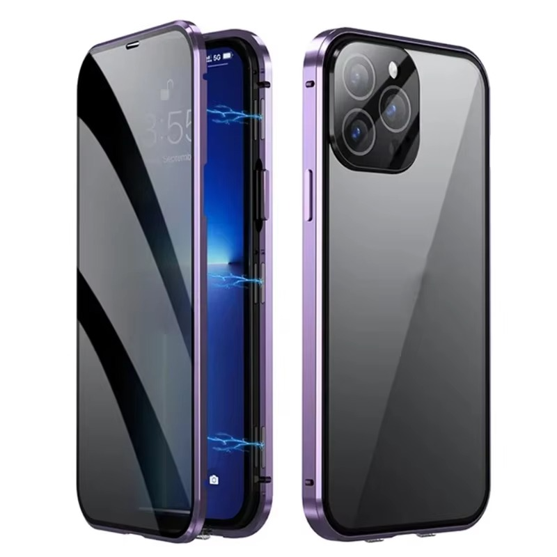 Luxury Metal Magnetic Privacy iPhone Case — 360° Shockproof Full Coverage, Anti-Scratch, Non-Slip, Lightweight Tempered Glass Cover