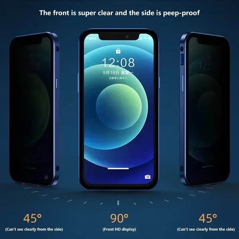 Luxury Metal Magnetic Privacy iPhone Case — 360° Shockproof Full Coverage, Anti-Scratch, Non-Slip, Lightweight Tempered Glass Cover