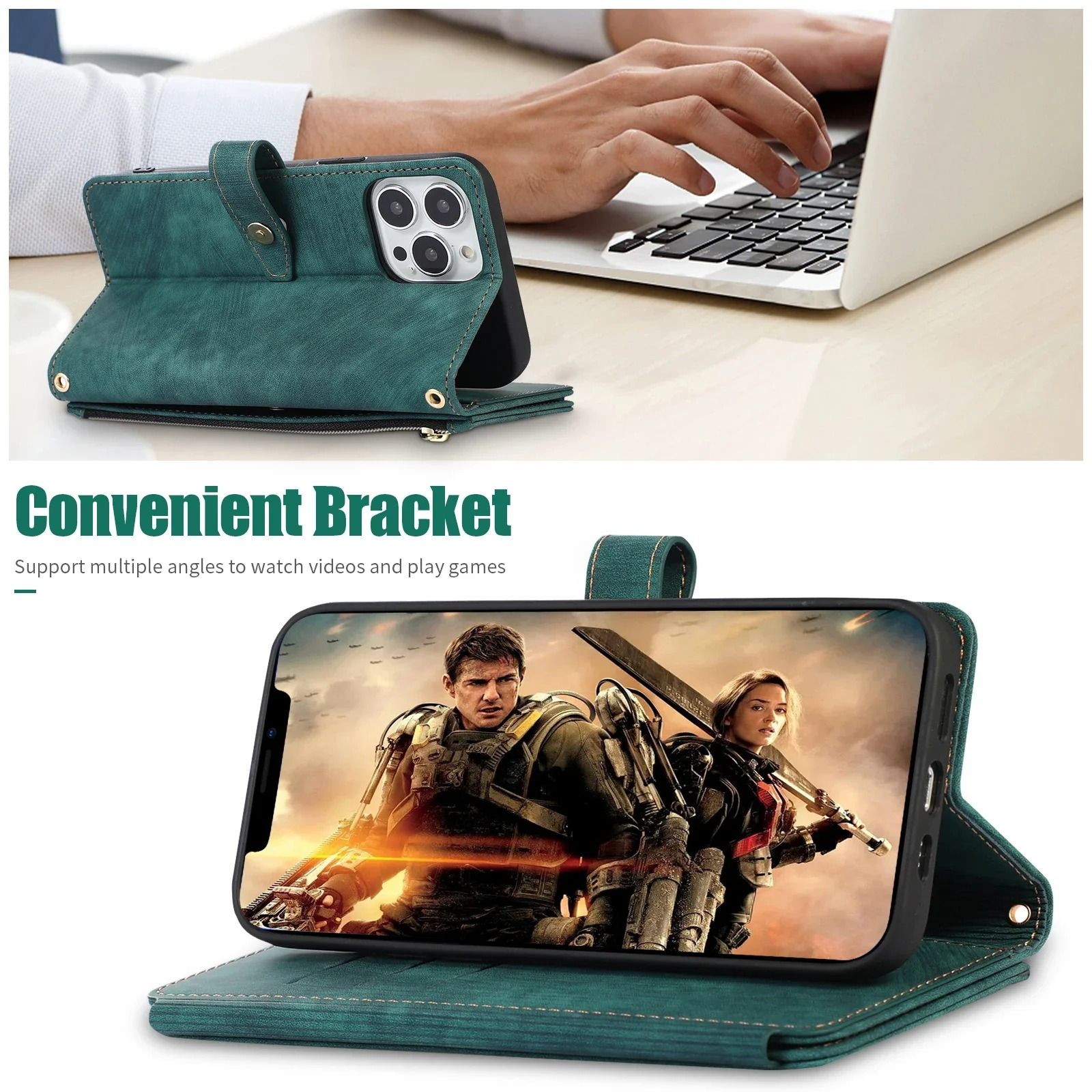 Luxury PU Leather iPhone Case — Crossbody Wallet Cover with Card Holder, Lanyard, Kickstand, Dustproof, and Storage Compartment