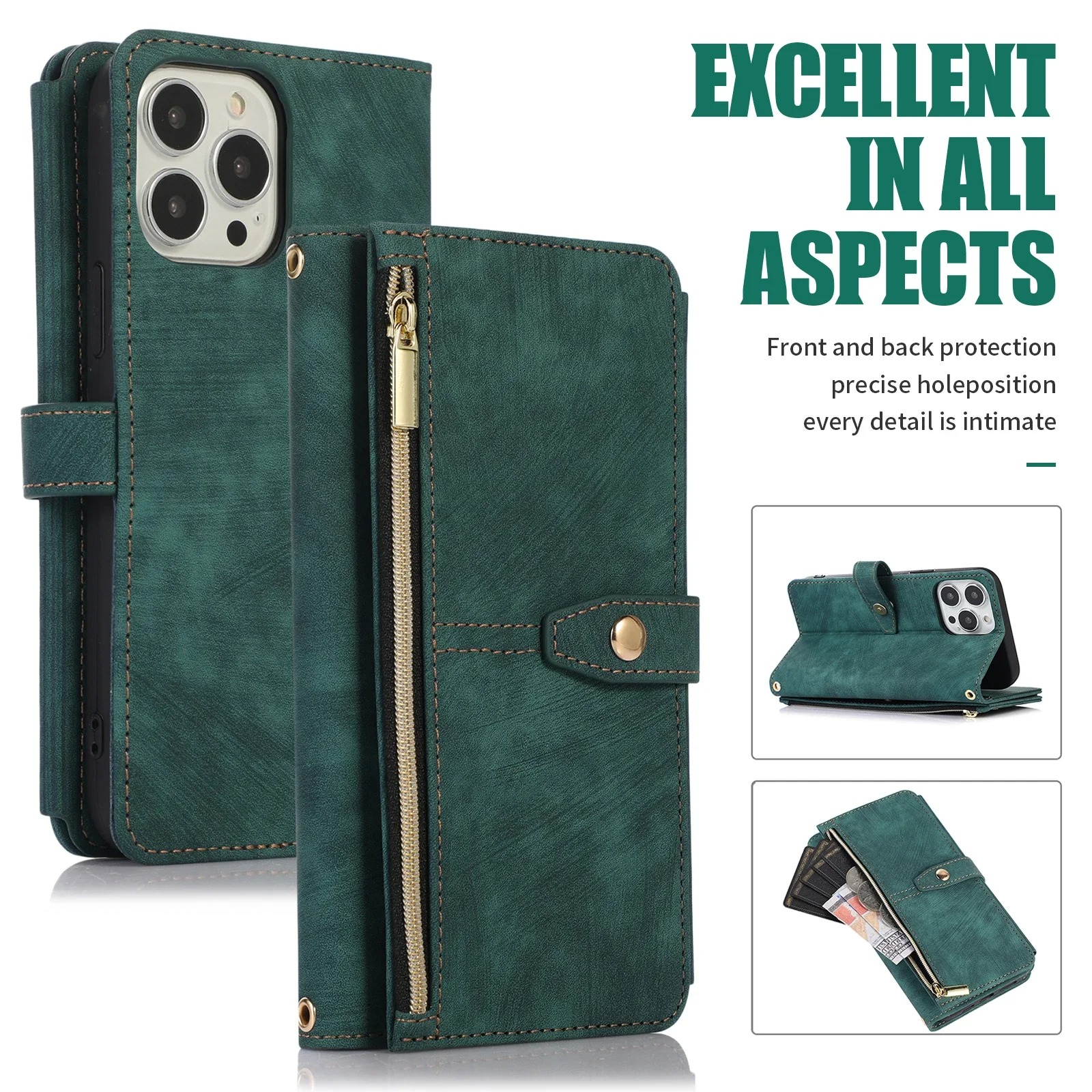 Luxury PU Leather iPhone Case — Crossbody Wallet Cover with Card Holder, Lanyard, Kickstand, Dustproof, and Storage Compartment
