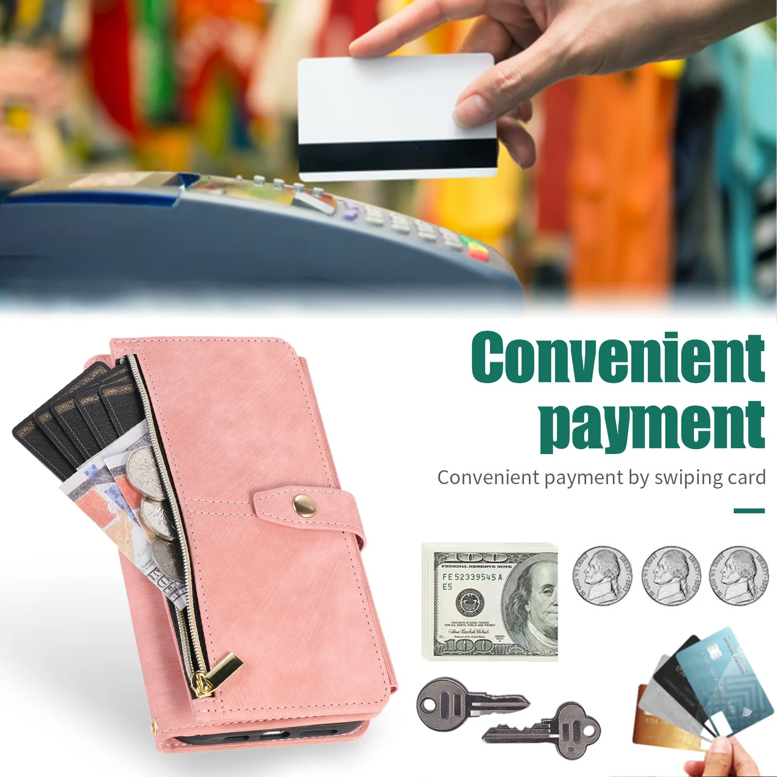 Luxury PU Leather iPhone Case — Crossbody Wallet Cover with Card Holder, Lanyard, Kickstand, Dustproof, and Storage Compartment