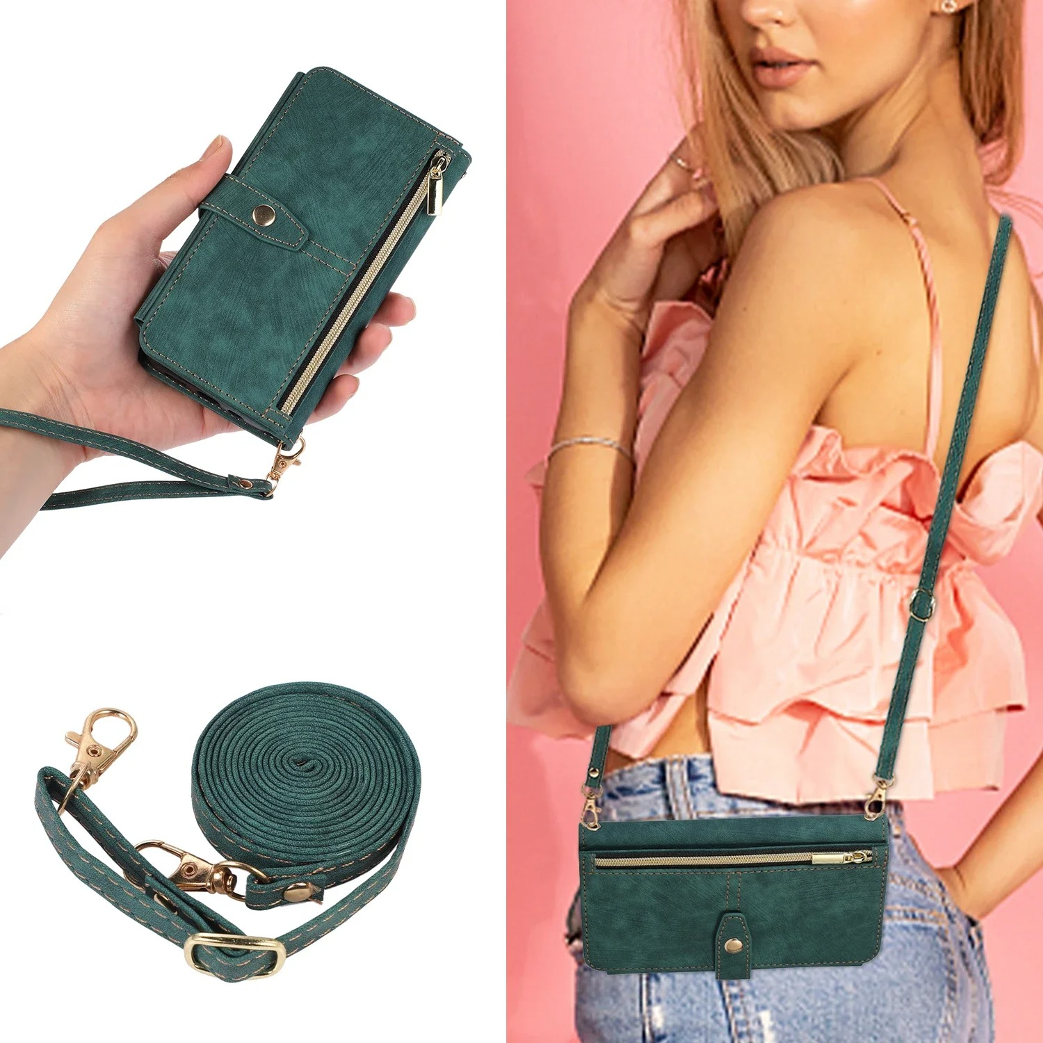 Luxury PU Leather iPhone Case — Crossbody Wallet Cover with Card Holder, Lanyard, Kickstand, Dustproof, and Storage Compartment