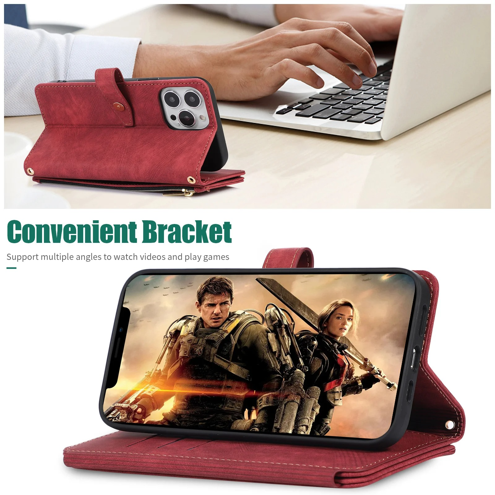 Luxury PU Leather iPhone Case — Crossbody Wallet Cover with Card Holder, Lanyard, Kickstand, Dustproof, and Storage Compartment