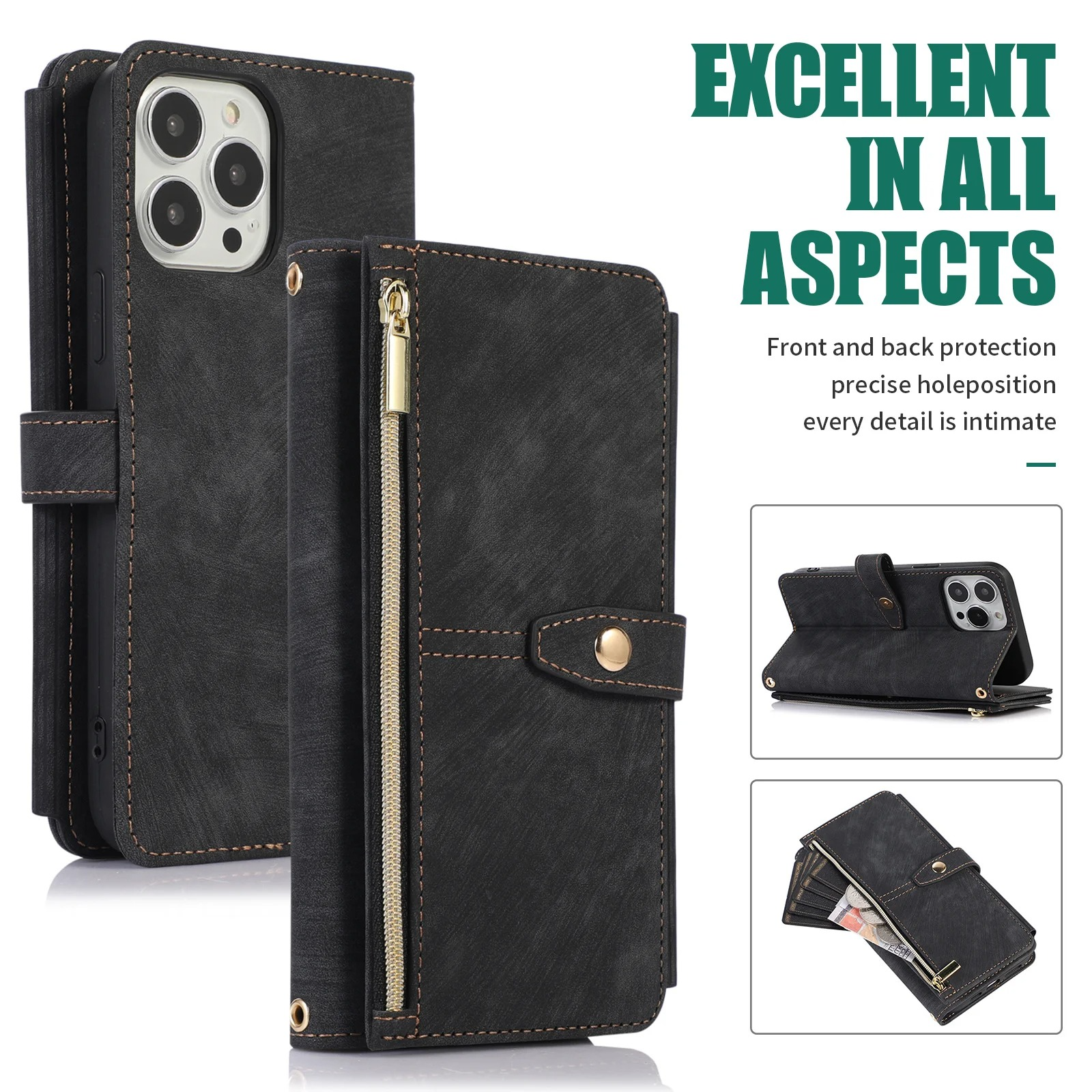 Luxury PU Leather iPhone Case — Crossbody Wallet Cover with Card Holder, Lanyard, Kickstand, Dustproof, and Storage Compartment