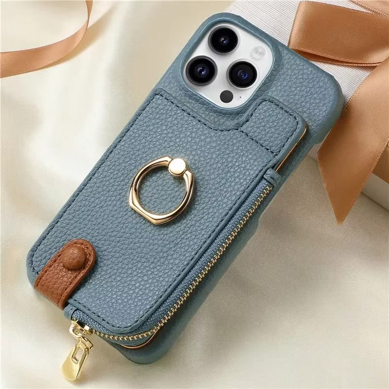 Luxury iPhone Leather Zipper Wallet Case — Card Holder Slot, Ring Kickstand Stand, Magnetic Closure, Shockproof Drop Protection, Anti-Fingerprint Design