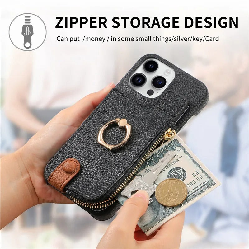 Luxury iPhone Leather Zipper Wallet Case — Card Holder Slot, Ring Kickstand Stand, Magnetic Closure, Shockproof Drop Protection, Anti-Fingerprint Design