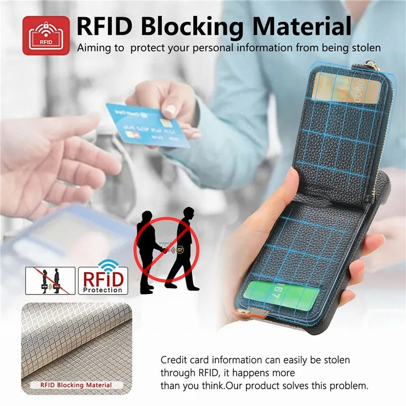 Luxury iPhone Leather Zipper Wallet Case — Card Holder Slot, Ring Kickstand Stand, Magnetic Closure, Shockproof Drop Protection, Anti-Fingerprint Design