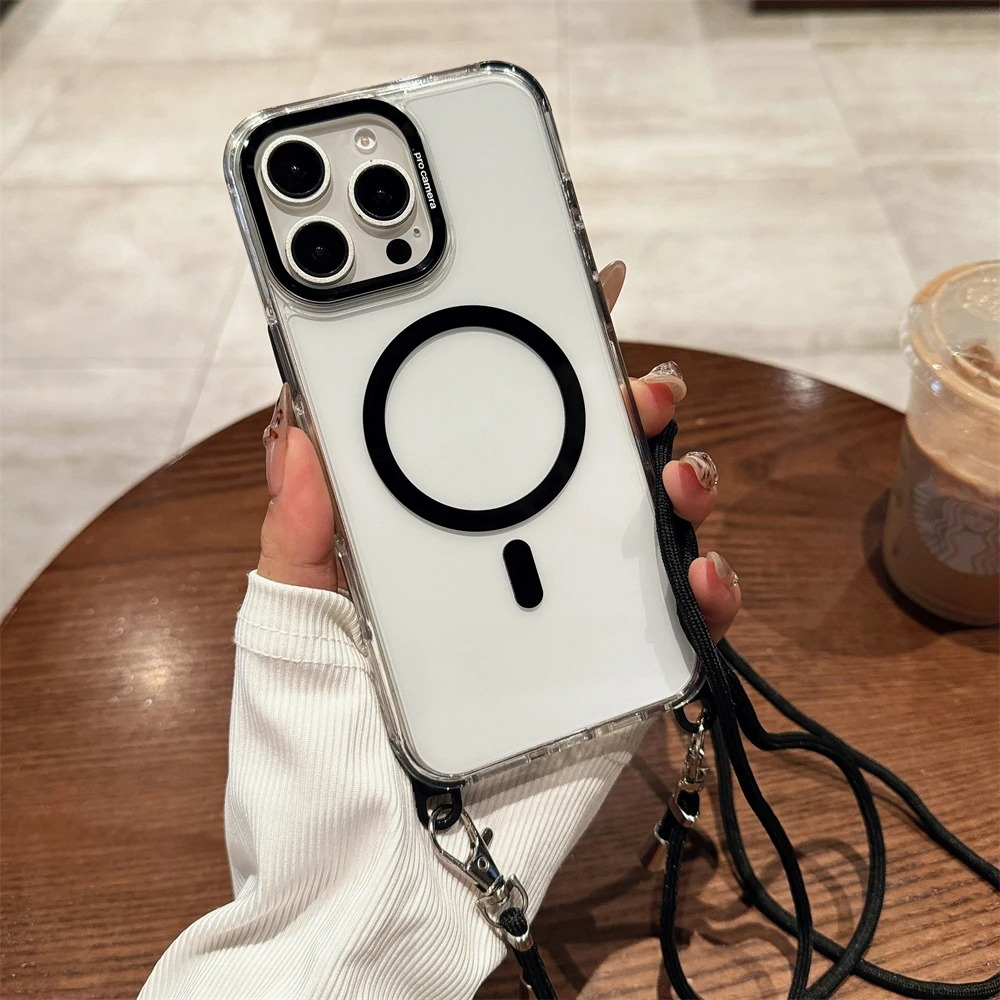 Luxury iPhone Case Crossbody Transparent Magnetic — Magsafe Compatible Shockproof Cover with Anti-Lost Lanyard, Anti-Fingerprint, Non-Slip