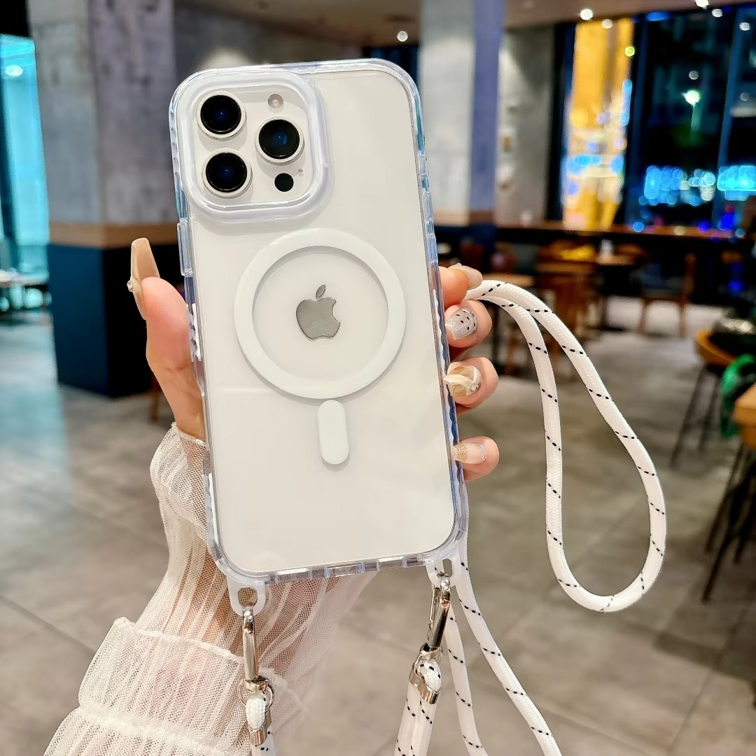 Luxury iPhone Case Crossbody Transparent Magnetic — Magsafe Compatible Shockproof Cover with Anti-Lost Lanyard, Anti-Fingerprint, Non-Slip