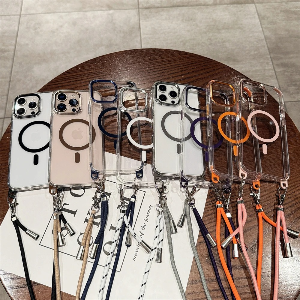 Luxury iPhone Case Crossbody Transparent Magnetic — Magsafe Compatible Shockproof Cover with Anti-Lost Lanyard, Anti-Fingerprint, Non-Slip