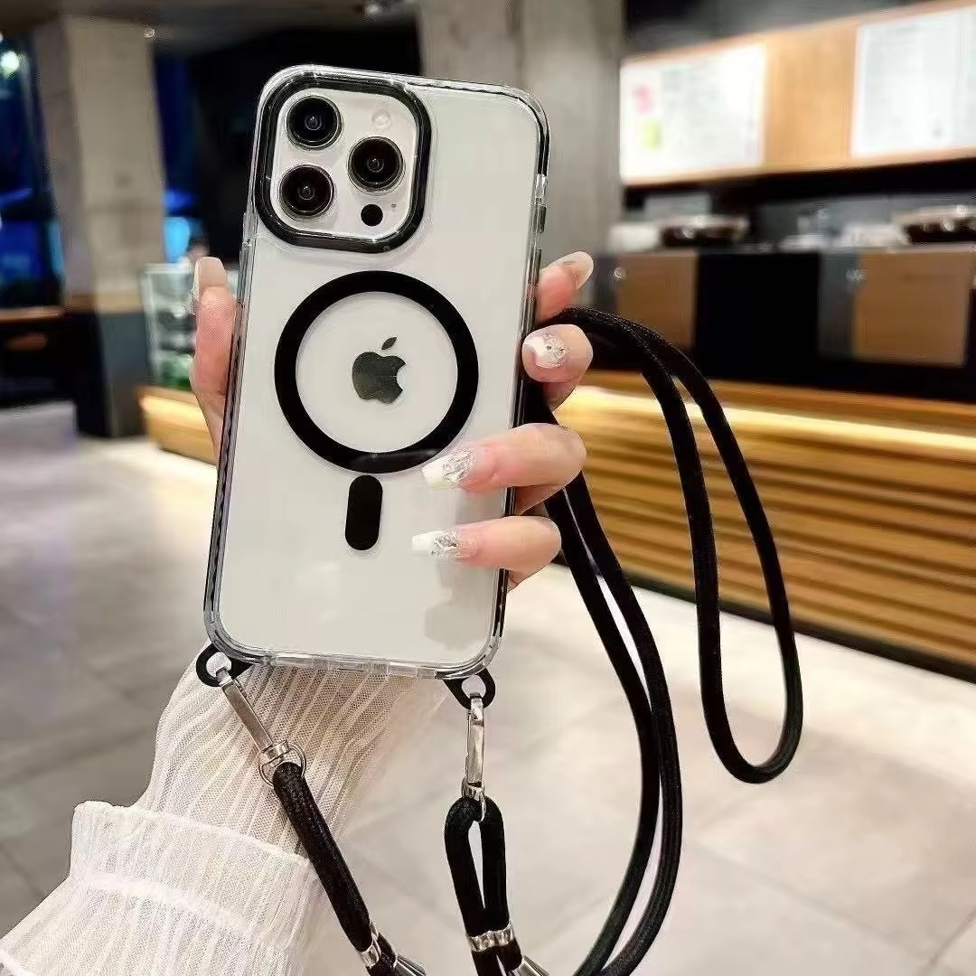 Luxury iPhone Case Crossbody Transparent Magnetic — Magsafe Compatible Shockproof Cover with Anti-Lost Lanyard, Anti-Fingerprint, Non-Slip