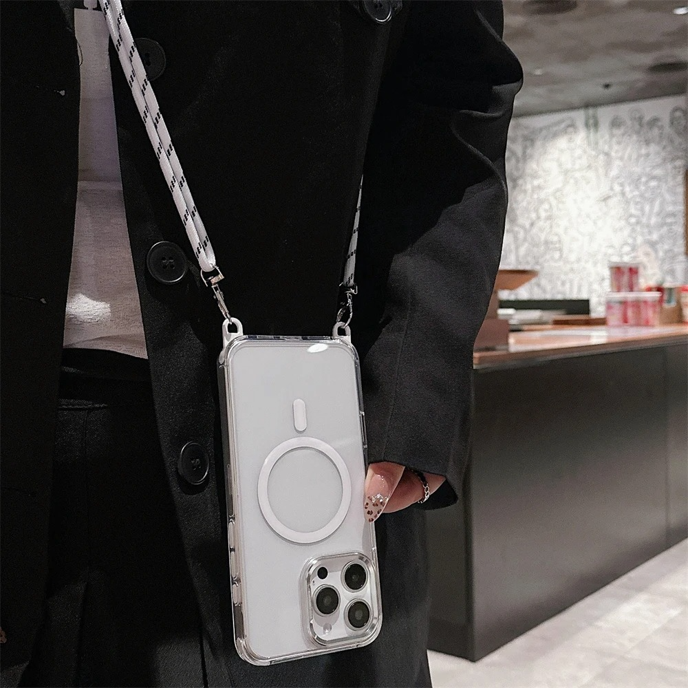 Luxury iPhone Case Crossbody Transparent Magnetic — Magsafe Compatible Shockproof Cover with Anti-Lost Lanyard, Anti-Fingerprint, Non-Slip