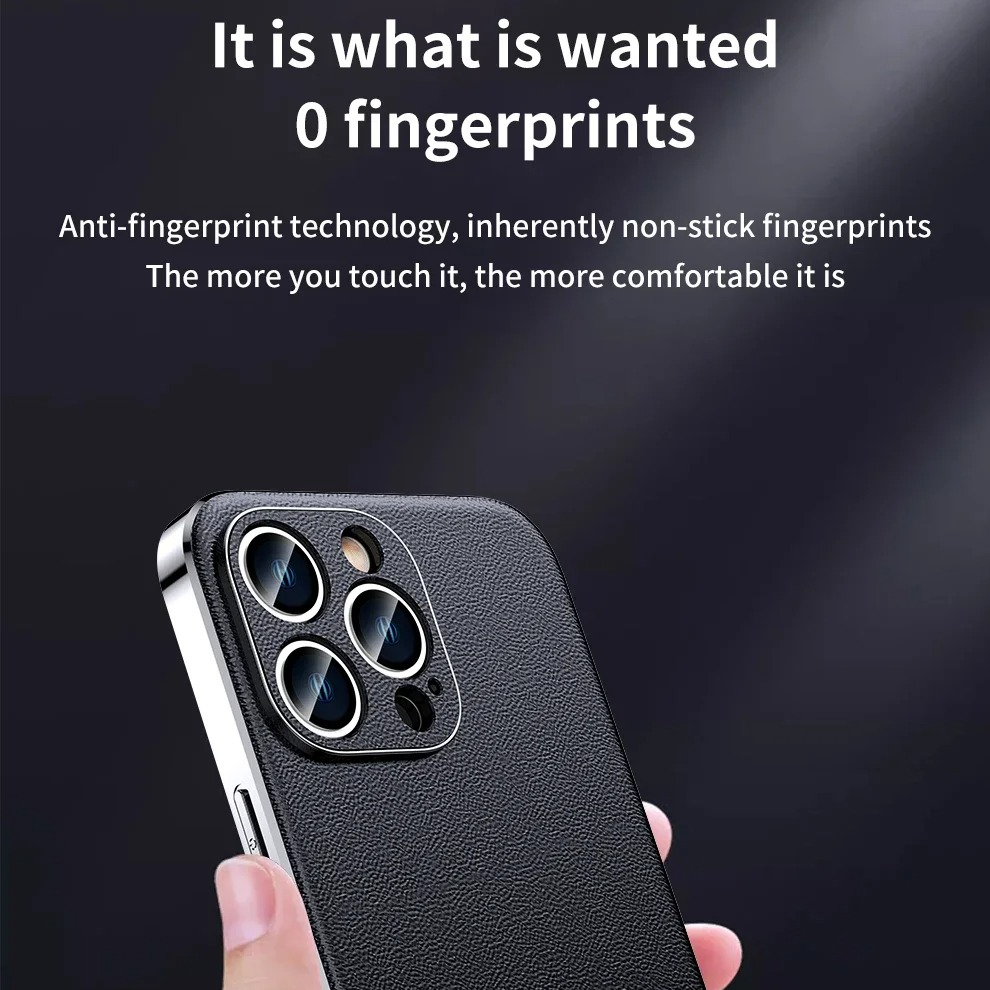 Luxury iPhone Case Genuine Cowhide Leather Back Cover — Full Camera Lens Protection, Plated Edges, Anti-Fingerprint Matte Finish, Wireless Charging Compatible