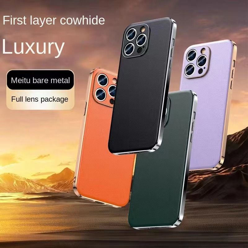 Luxury iPhone Case Genuine Cowhide Leather Back Cover — Full Camera Lens Protection, Plated Edges, Anti-Fingerprint Matte Finish, Wireless Charging Compatible