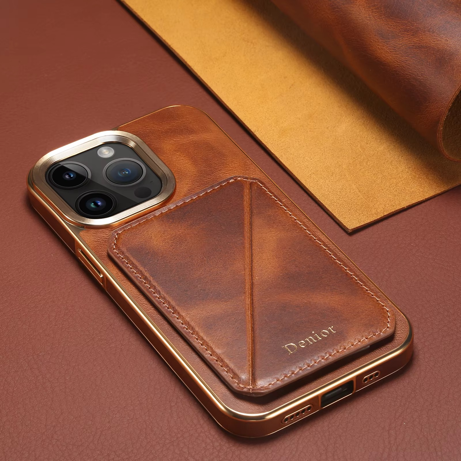 Luxury iPhone Case Genuine Cowhide Leather Wallet Cover — Magnetic Card Holder Plating Shell, Shockproof Dual Layer Protection, Anti-Fingerprint Scratch-Resistant