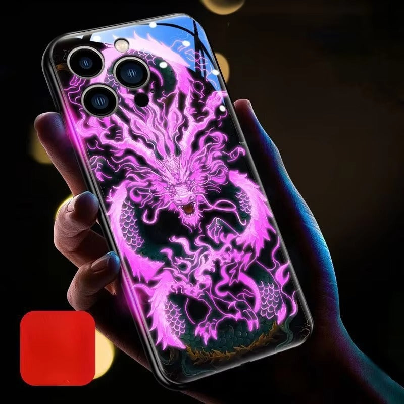 Luxury iPhone Case Green Dragon LED Light Cover — Smart Sound Control Glowing Design, Tempered Glass Back, Shockproof Anti-Fingerprint Full Coverage Protection