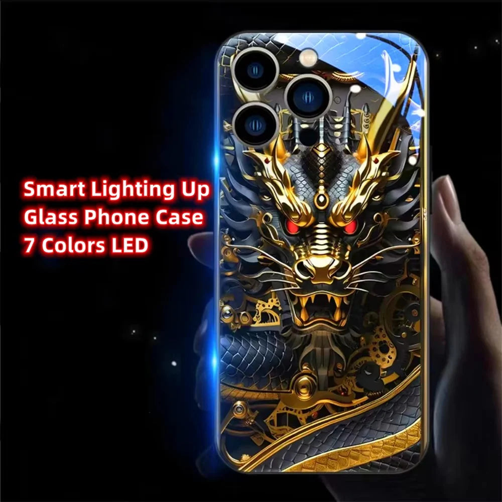 Luxury iPhone Case Green Dragon LED Light Cover — Smart Sound Control Glowing Design, Tempered Glass Back, Shockproof Anti-Fingerprint Full Coverage Protection