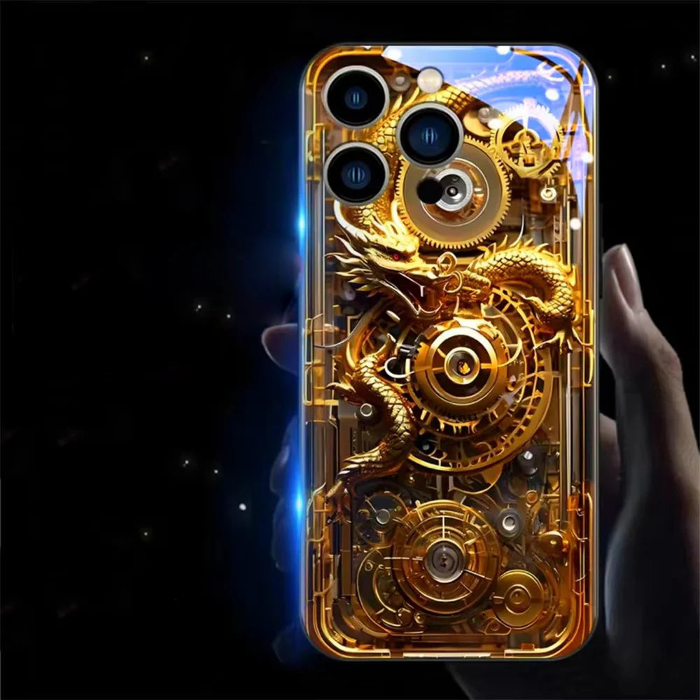 Luxury iPhone Case Green Dragon LED Light Cover — Smart Sound Control Glowing Design, Tempered Glass Back, Shockproof Anti-Fingerprint Full Coverage Protection
