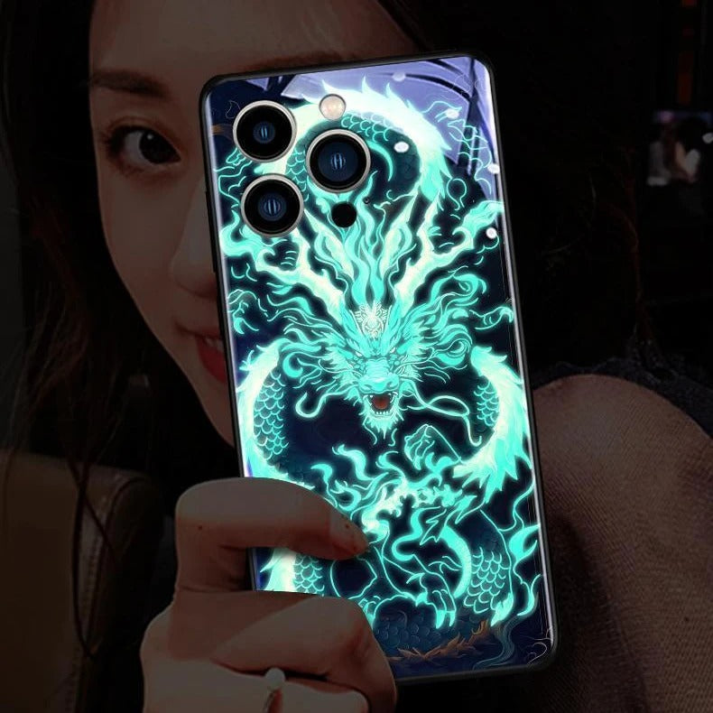 Luxury iPhone Case Green Dragon LED Light Cover — Smart Sound Control Glowing Design, Tempered Glass Back, Shockproof Anti-Fingerprint Full Coverage Protection