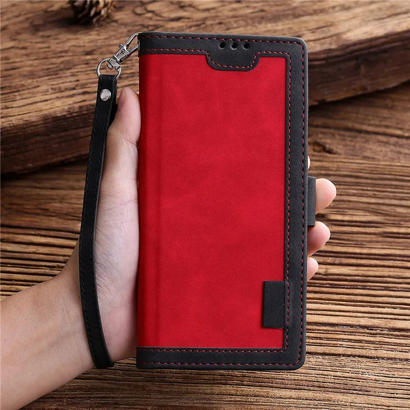 Luxury iPhone Case Leather Wallet Flip Cover — Hand Strap Design, Card Slots Holder, Shockproof Protection, Stylish and Functional Phone Case