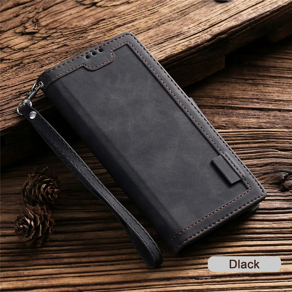 Luxury iPhone Case Leather Wallet Flip Cover — Hand Strap Design, Card Slots Holder, Shockproof Protection, Stylish and Functional Phone Case
