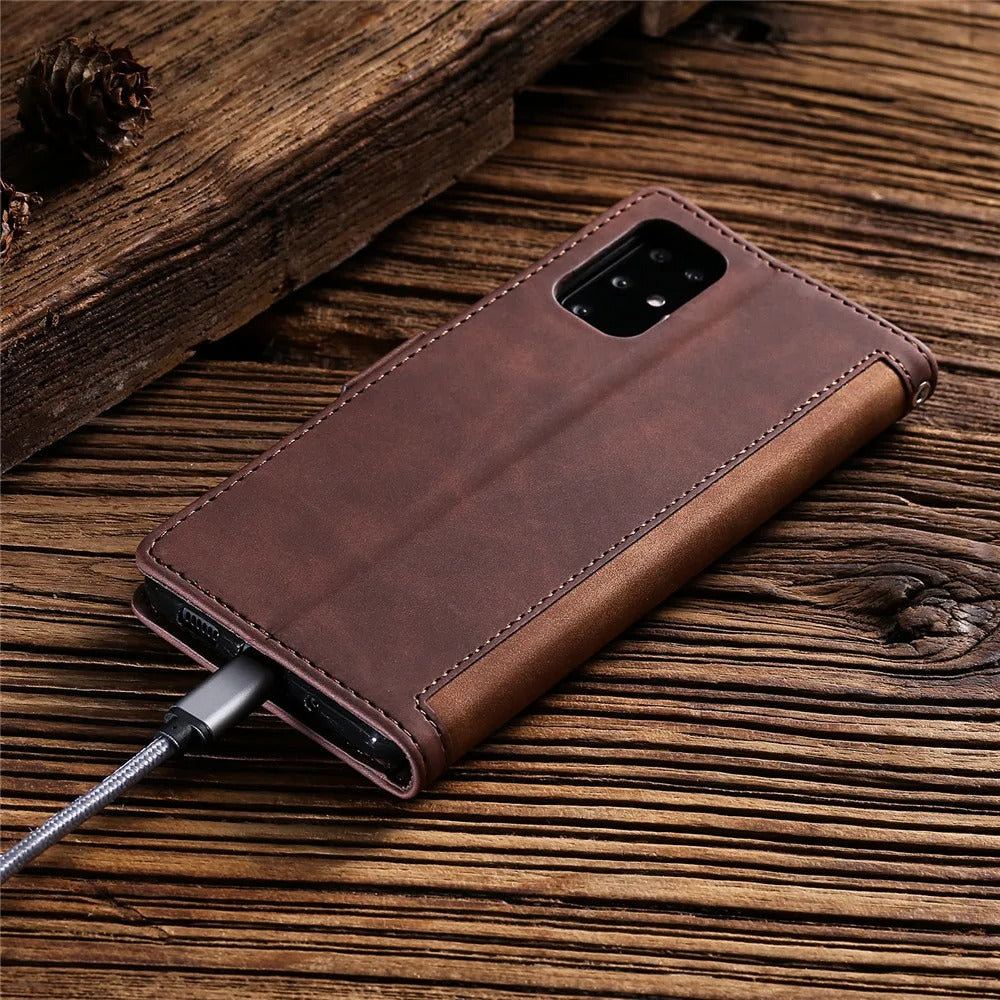 Luxury iPhone Case Leather Wallet Flip Cover — Hand Strap Design, Card Slots Holder, Shockproof Protection, Stylish and Functional Phone Case