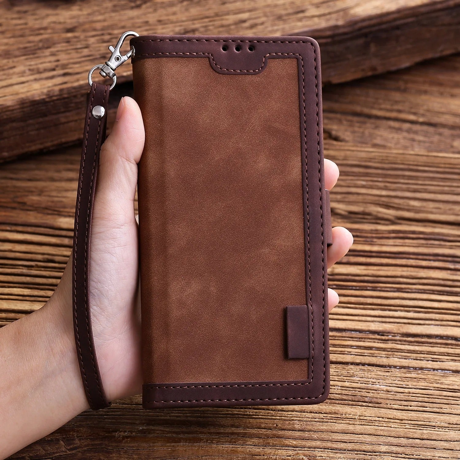 Luxury iPhone Case Leather Wallet Flip Cover — Hand Strap Design, Card Slots Holder, Shockproof Protection, Stylish and Functional Phone Case