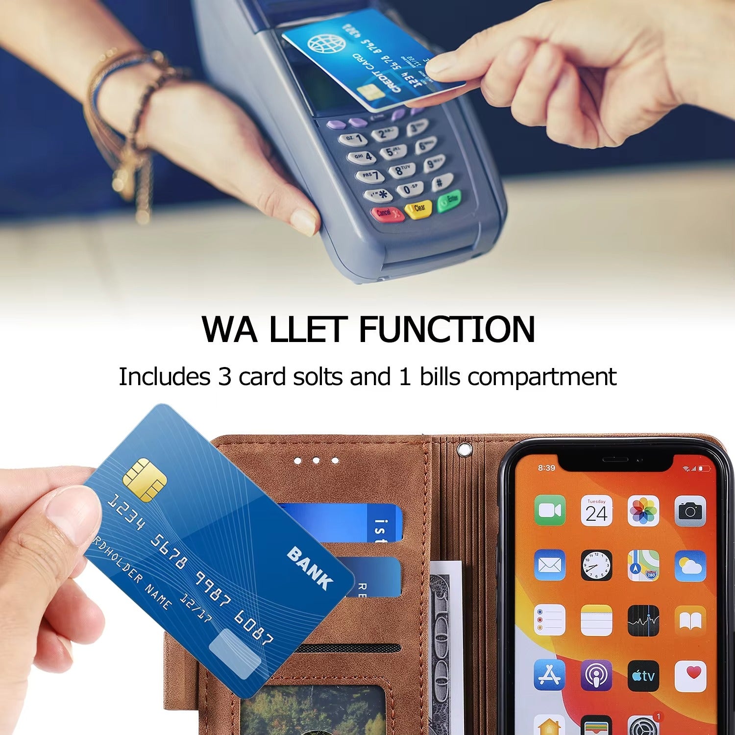 Luxury iPhone Case Leather Wallet Flip Cover — Hand Strap Design, Card Slots Holder, Shockproof Protection, Stylish and Functional Phone Case