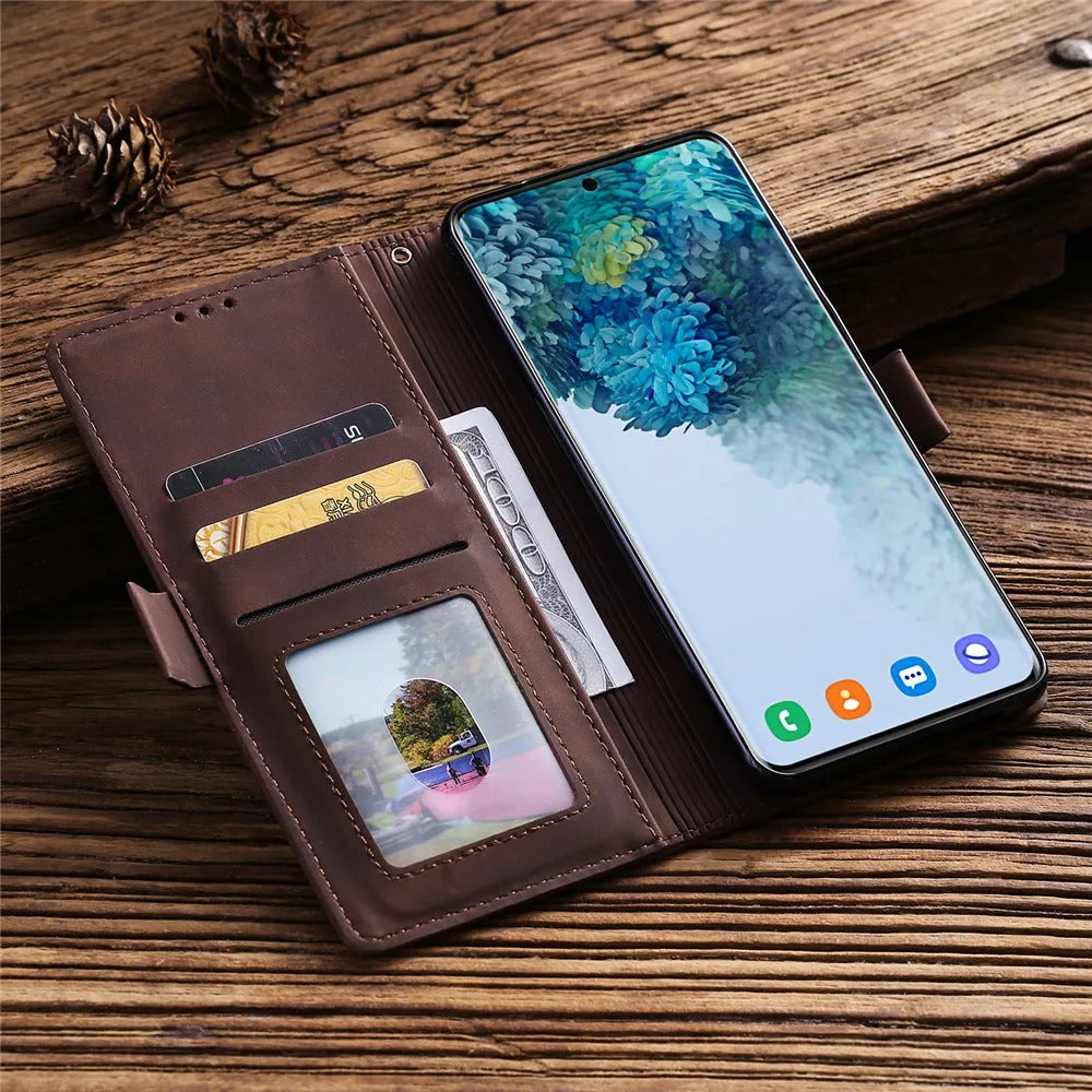 Luxury iPhone Case Leather Wallet Flip Cover — Hand Strap Design, Card Slots Holder, Shockproof Protection, Stylish and Functional Phone Case