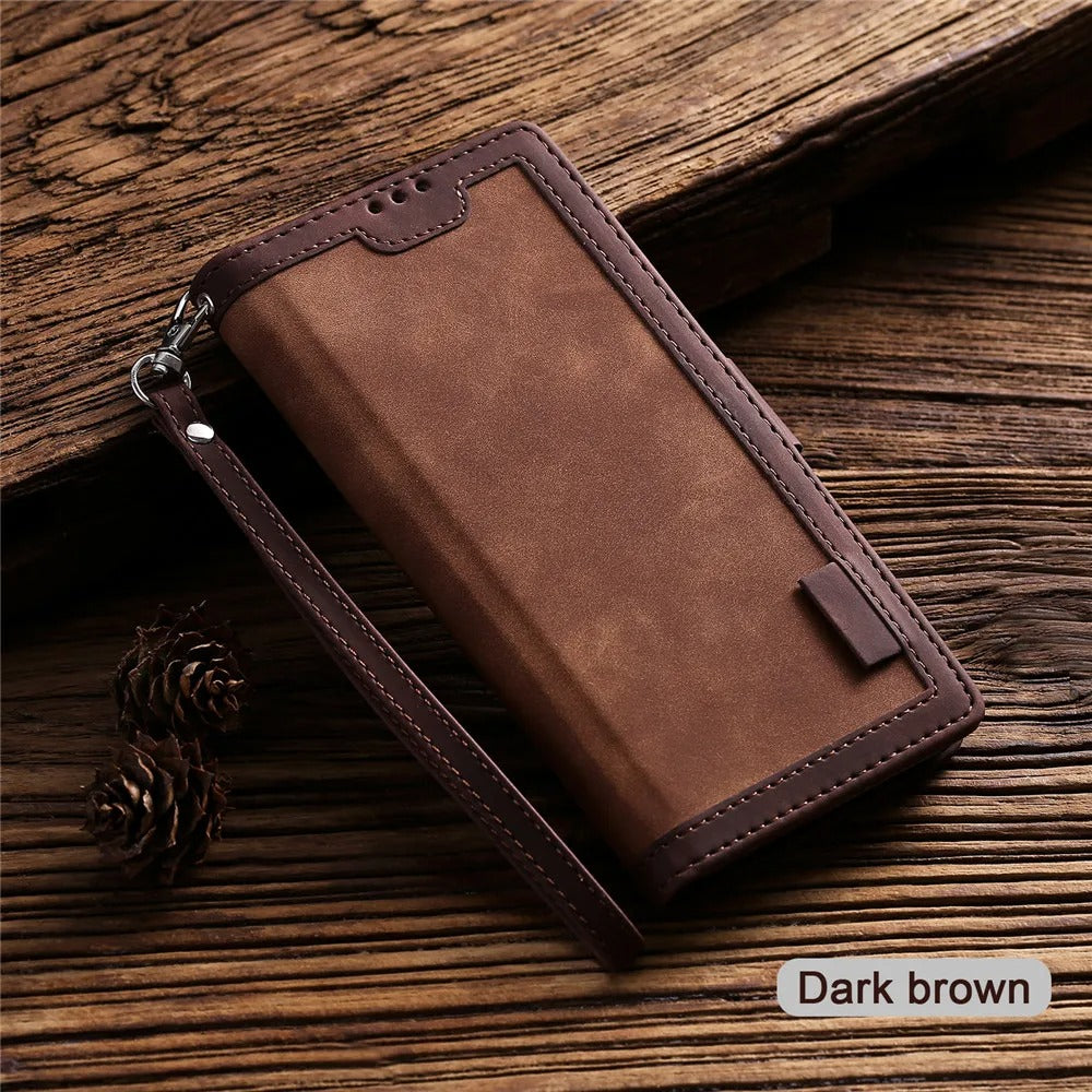 Luxury iPhone Case Leather Wallet Flip Cover — Hand Strap Design, Card Slots Holder, Shockproof Protection, Stylish and Functional Phone Case