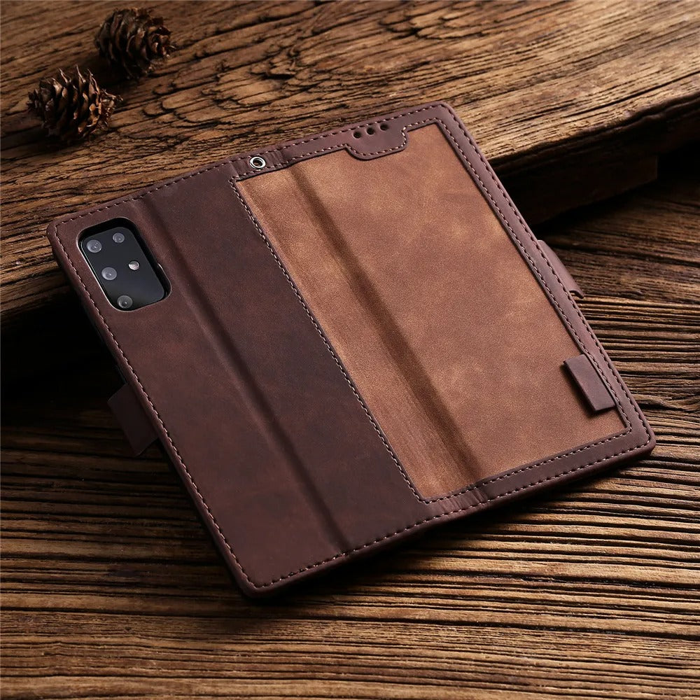 Luxury iPhone Case Leather Wallet Flip Cover — Hand Strap Design, Card Slots Holder, Shockproof Protection, Stylish and Functional Phone Case