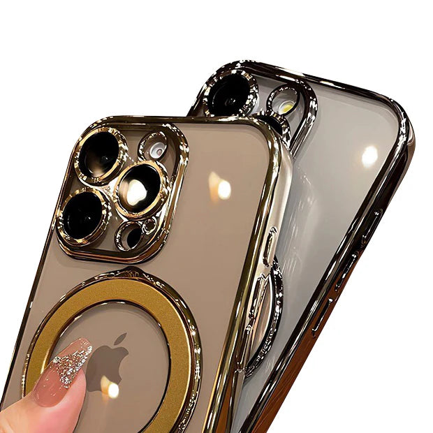 Luxury iPhone Case MagSafe Compatible Clear Acrylic Cover — Plating Finish with Magnetic Stand Holder, Lens Protector, Slim Shockproof Anti-Fingerprint Design