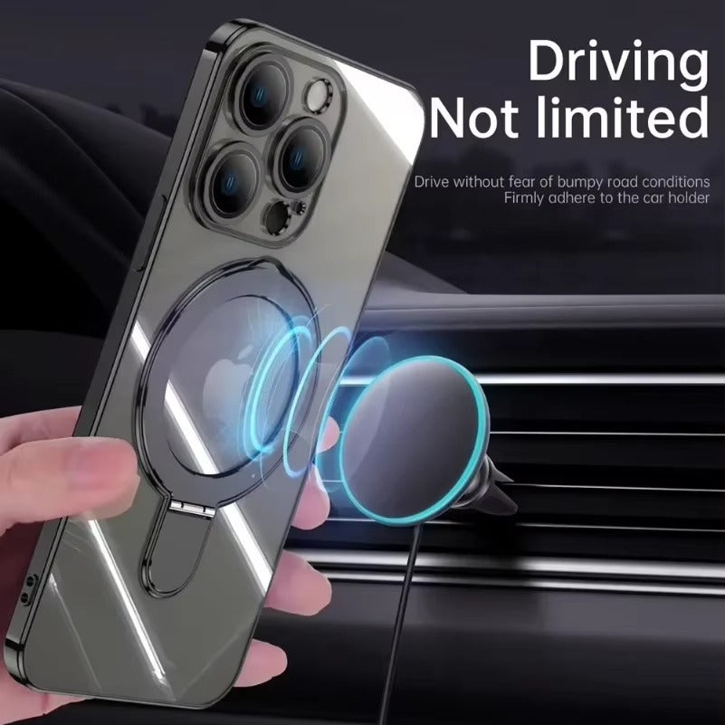 Luxury iPhone Case MagSafe Compatible Clear Acrylic Cover — Plating Finish with Magnetic Stand Holder, Lens Protector, Slim Shockproof Anti-Fingerprint Design