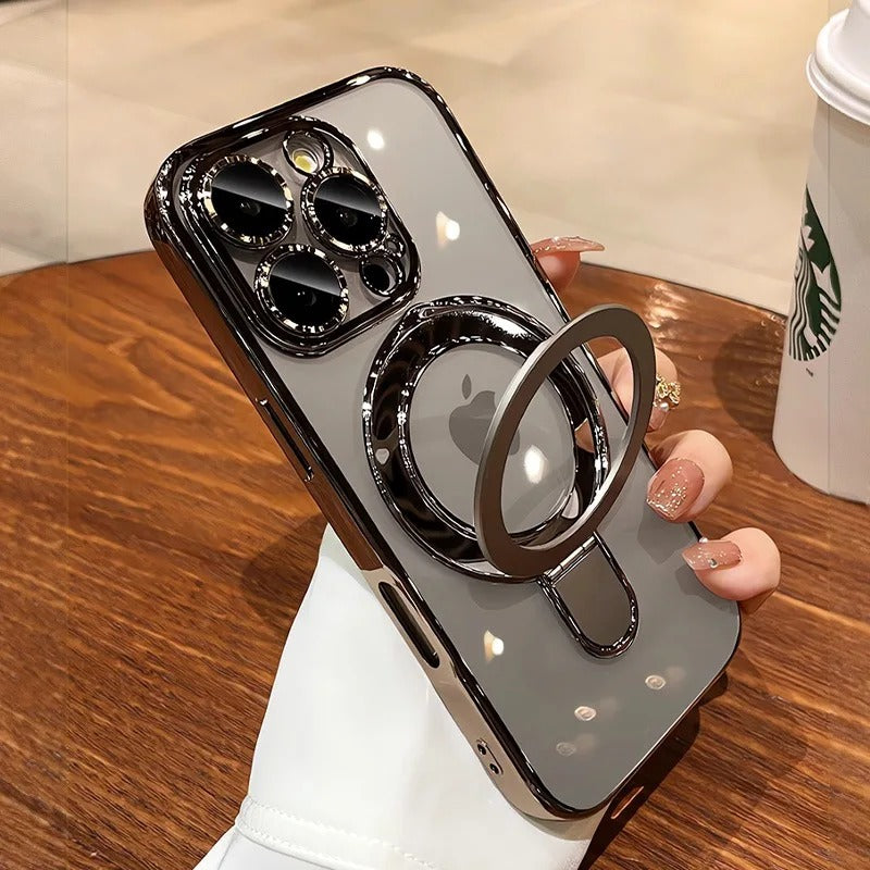 Luxury iPhone Case MagSafe Compatible Clear Acrylic Cover — Plating Finish with Magnetic Stand Holder, Lens Protector, Slim Shockproof Anti-Fingerprint Design