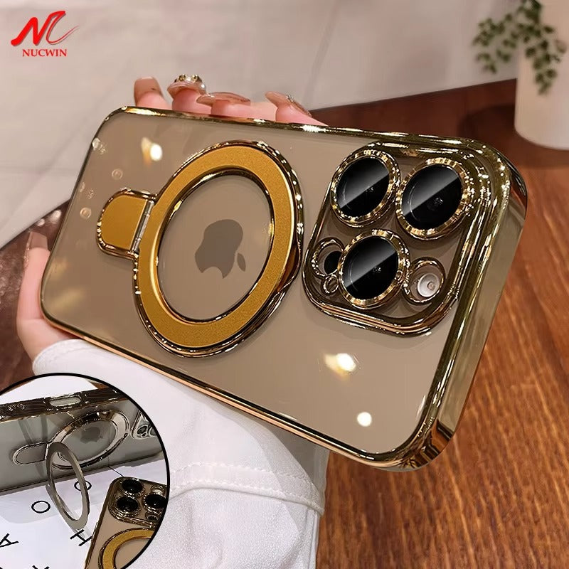 Luxury iPhone Case MagSafe Compatible Clear Acrylic Cover — Plating Finish with Magnetic Stand Holder, Lens Protector, Slim Shockproof Anti-Fingerprint Design