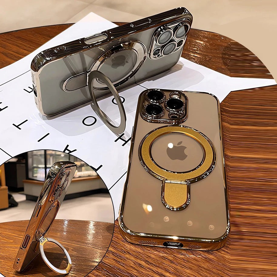 Luxury iPhone Case MagSafe Compatible Clear Acrylic Cover — Plating Finish with Magnetic Stand Holder, Lens Protector, Slim Shockproof Anti-Fingerprint Design