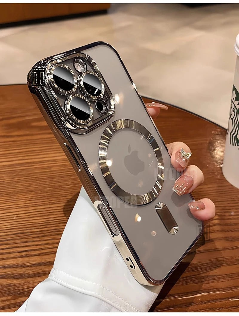 Luxury iPhone Case MagSafe Compatible Clear Back Cover — Desert Gold Frame, Magnetic Lens Protection, Soft Shockproof Design, Slim Scratch-Resistant Finish