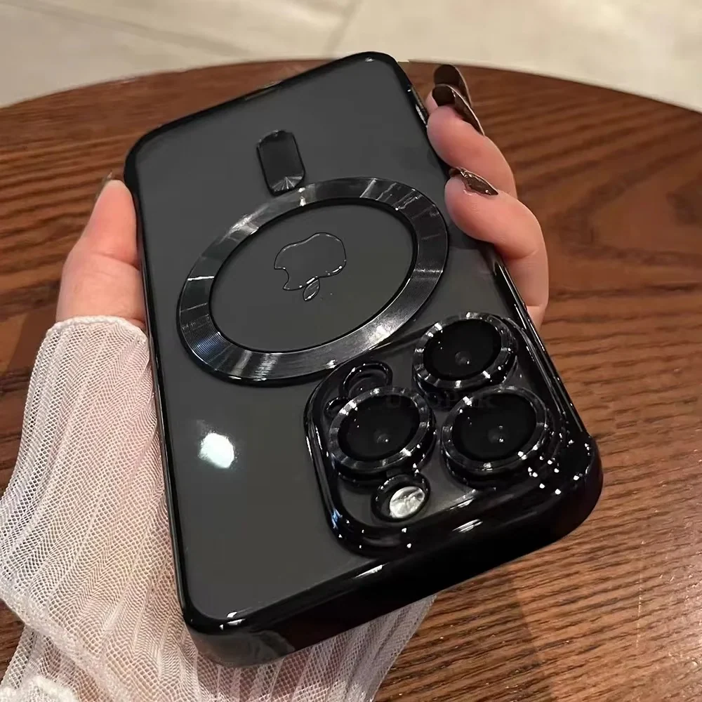 Luxury iPhone Case MagSafe Compatible Clear Back Cover — Desert Gold Frame, Magnetic Lens Protection, Soft Shockproof Design, Slim Scratch-Resistant Finish