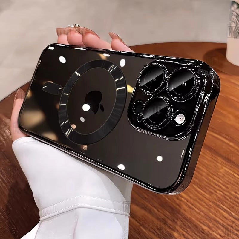 Luxury iPhone Case MagSafe Compatible Clear Back Cover — Desert Gold Frame, Magnetic Lens Protection, Soft Shockproof Design, Slim Scratch-Resistant Finish