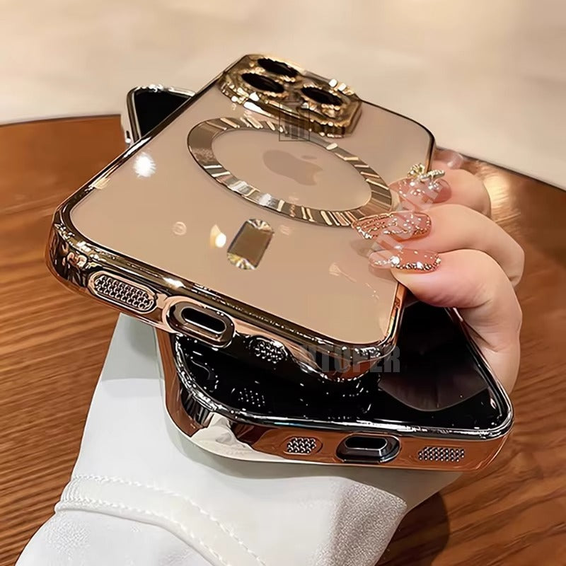 Luxury iPhone Case MagSafe Compatible Clear Back Cover — Desert Gold Frame, Magnetic Lens Protection, Soft Shockproof Design, Slim Scratch-Resistant Finish