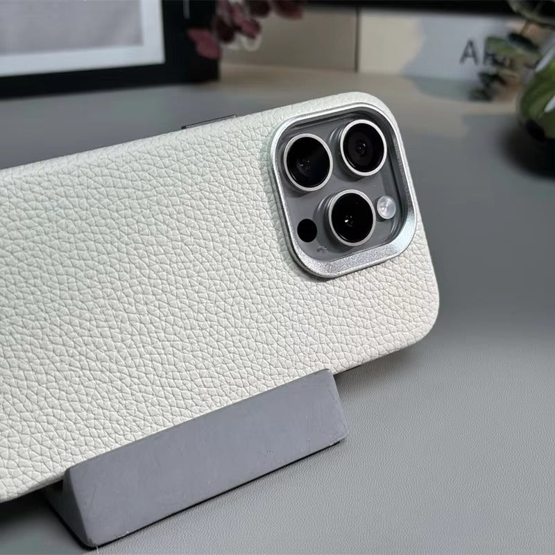Luxury iPhone Case MagSafe Compatible Leather Cover — Magnetic Wireless Charging, Alloy Lens Protection, Hard Back Design, Anti-Fingerprint Scratch-Resistant